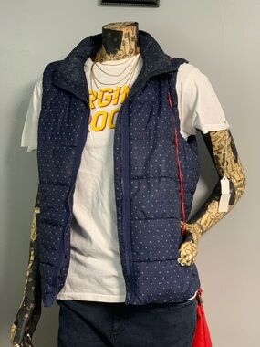 Laura Scott Navy Blue Polka Dot Quilted Vest